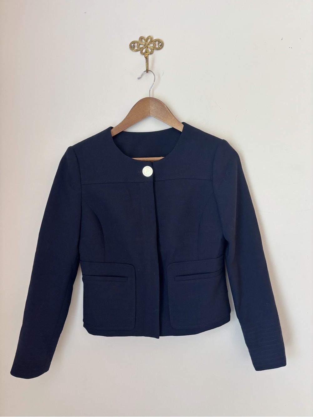 Tory Burch Navy Blue Wool Blend Harriet Zip Front Jacket Blazer Sz 0 Workwear